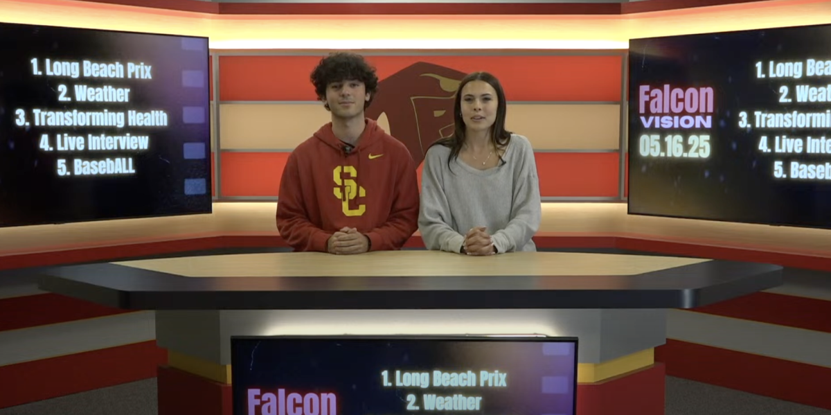 Seniors Vincent McKeever and Coral Diaz anchor the last show the semester. The last show was a senior show, where seniors from the broadcast program were the anchors. Photo courtesy of Bailey Dotters.
